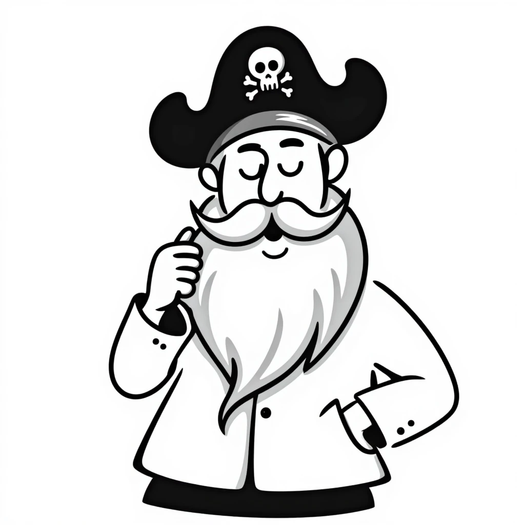 A pirate with a long beard, black and white, hand-drawn emoji