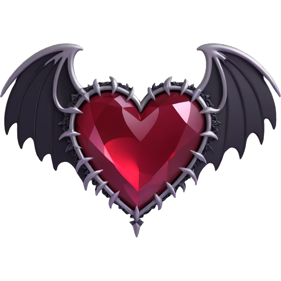 3D emoji gothic heart, deep crimson crystal, silver bat wings, and black feather details emoji