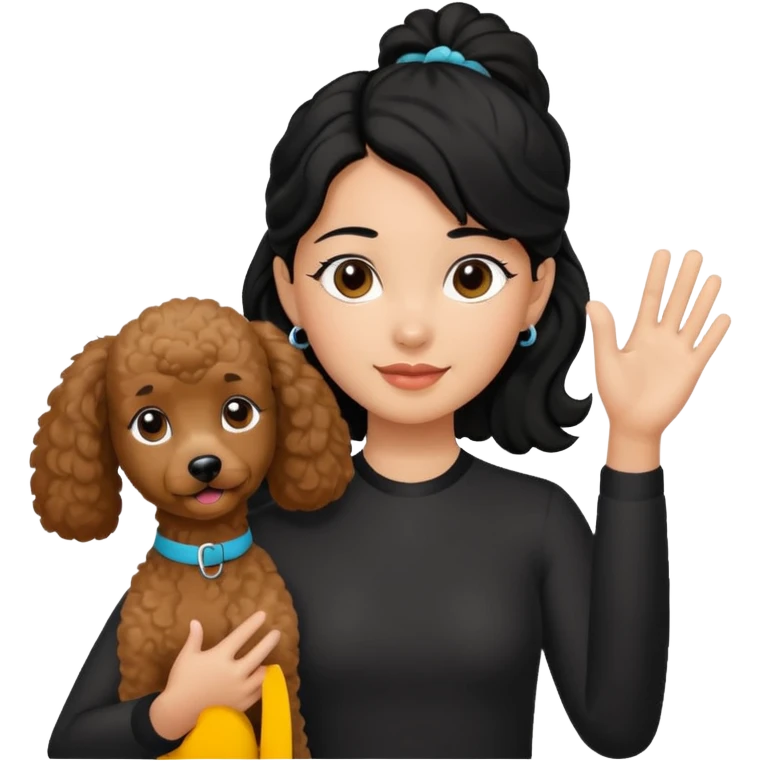 Ponytail black hair girl with brown Poodle say goodbye  emoji