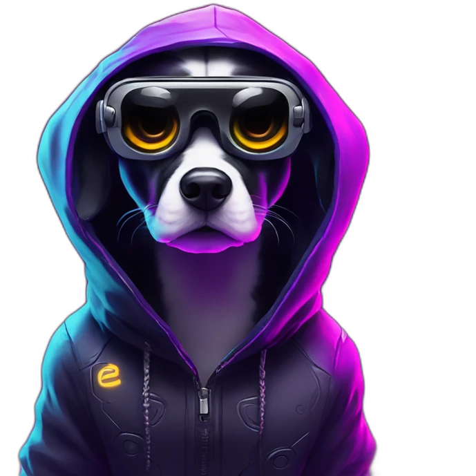 funny dog wearing a black hoodie with "OMG" letters on it and VR headset in a cyberpunk VR environment with violet neon lighting. emoji