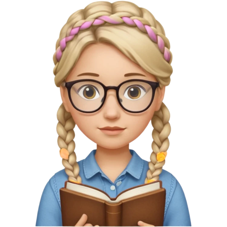A student, girl, braid hair, wearing glasses, hold book in front of their chest emoji