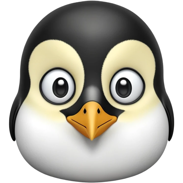 cinematic-cute-emperor-penguin-portrait-emoji,-head-tilted-playfully-and-inquisitively,-with-glossy,-pristine-plumage,-sparkling-eyes-filled-with-curiosity,-simplified-yet-irresistibly-adorable-features, black, large black eyes face, zoomed in emoji