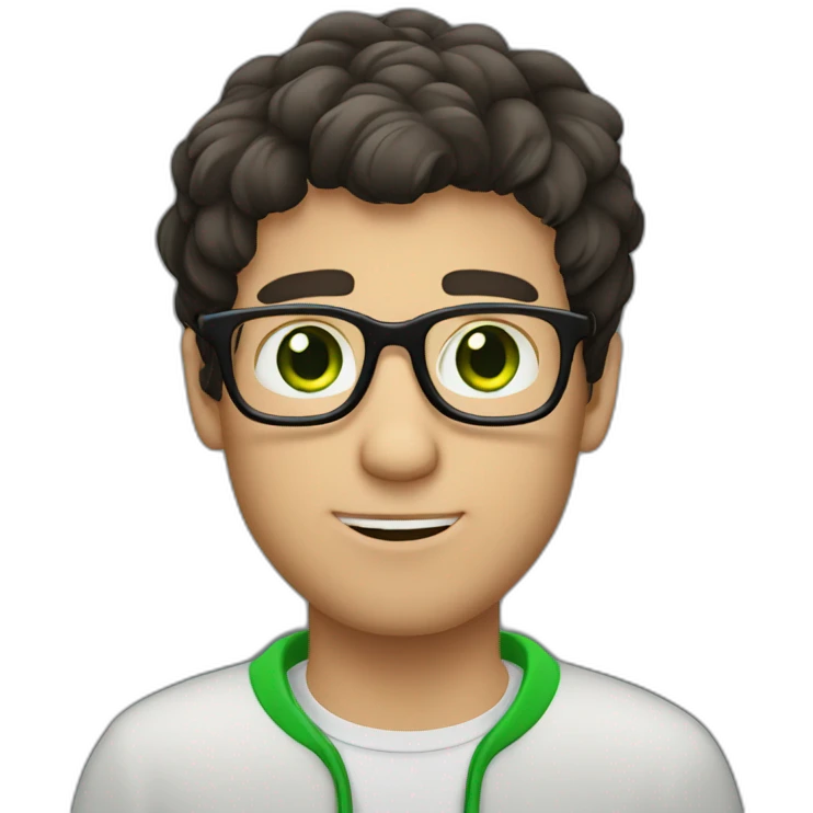 a guy with dark hair, green eyes and glasses. put his hand to his face and thought emoji