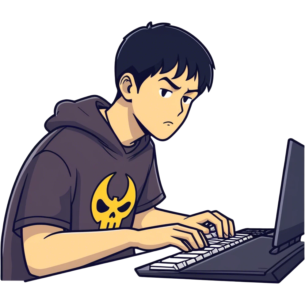 Cool boy with tan skin and black hair, playing PC video games and wearing a Ghostface T-shirt emoji