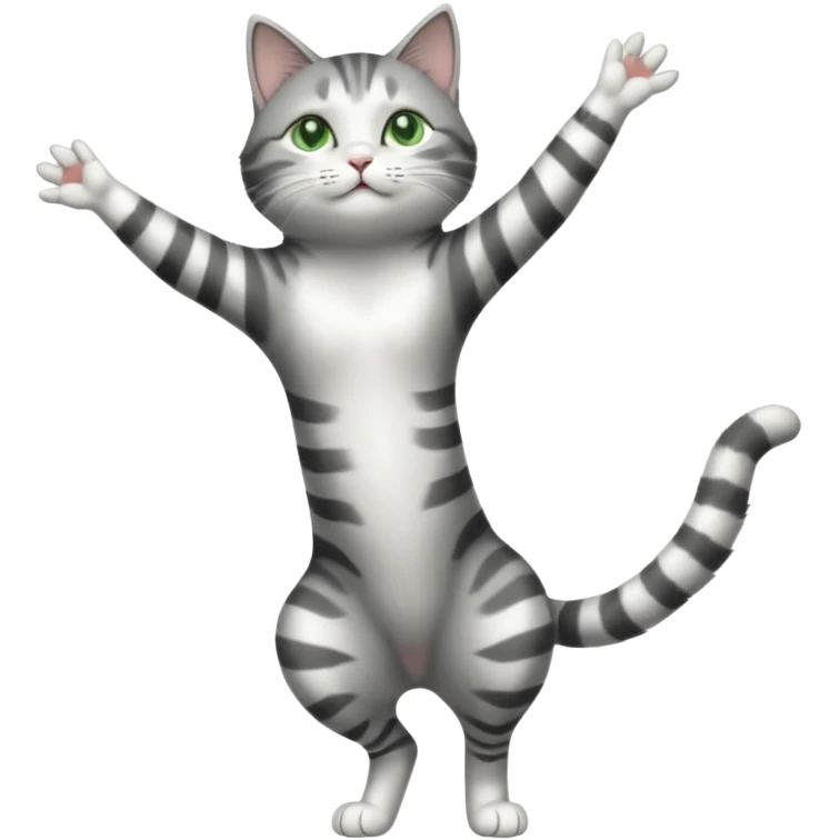 grey and white cat with green eyes doing a big extremely long stretch reaching up into the air with arms and legs side by side together straight and overextended emoji