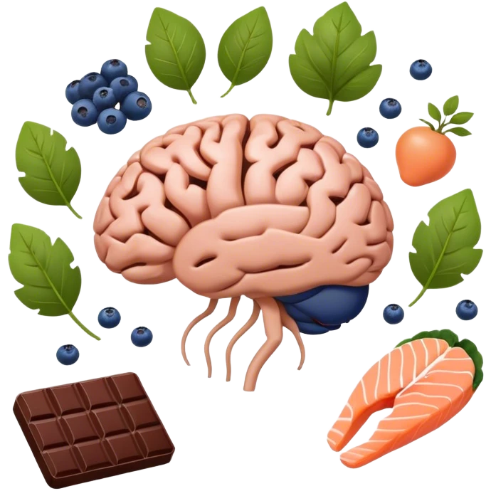 brain surrounded by healthy lifestyle choices, exercising, salmon, dark chocolate, blueberries, seeds, leafy greens . brain booster emoji