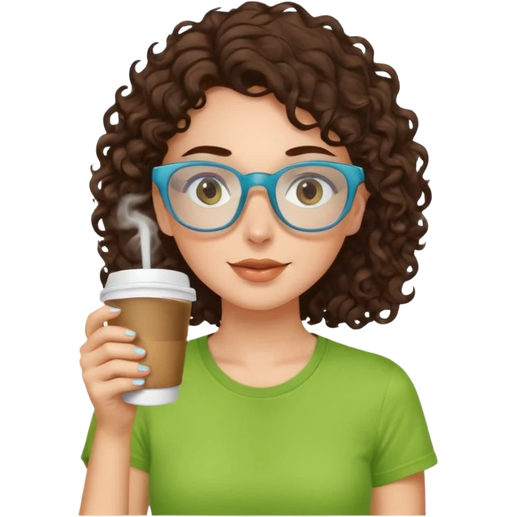 White girl with dark brown curly hair, brown eyes, sky blue glasses, apple green t shirt, drinking coffee emoji