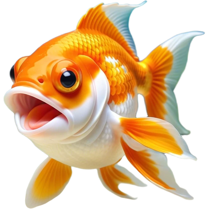 Cinematic Cute Yawning Orange and White Goldfish Portrait Emoji, Head tilted slightly with a dramatic, wide-open yawn, showcasing a smooth body with a balanced blend of orange and white, graceful fins slightly drooping, round golden eyes barely open in drowsy contentment, Simplified yet irresistibly adorable features, highly detailed, glowing with a soft, cozy glow, high shine, relaxed yet expressive, stylized with a touch of whimsy, bright and endearing, soft glowing outline, capturing the essence of a sleepy yet affectionate goldfish, so drowsy it feels like it could float out of the screen and curl up for a nap! emoji