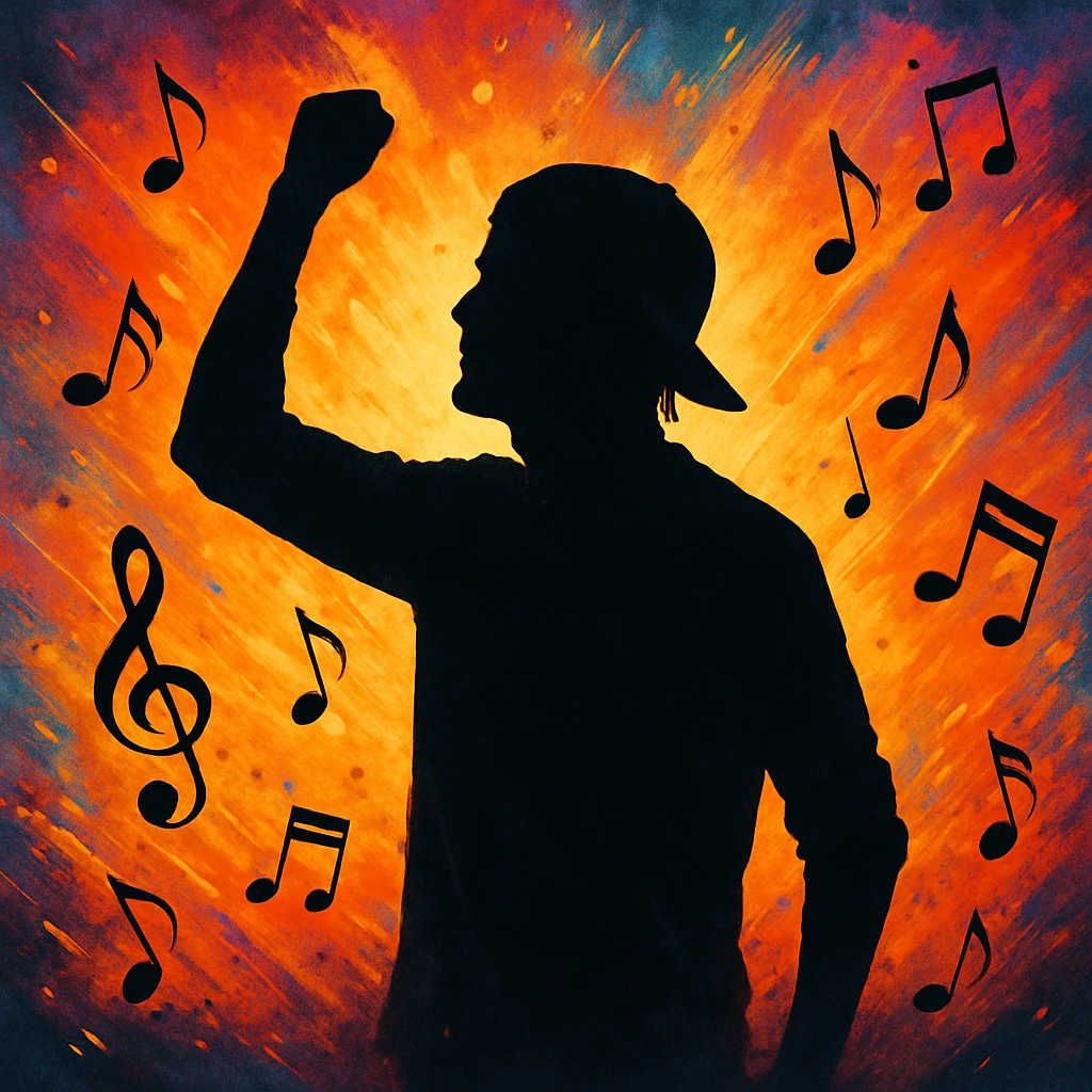 Avicii, silhouette with musical notes, uplifting and inspirational mood emoji