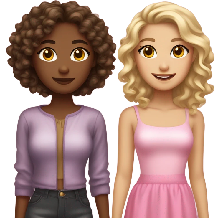 Two pretty best friends , one with tan skin and brown hair with blonde highlights, and another with curly dark brown hair and tan skin too. Also give them pink Christmas outfits  emoji