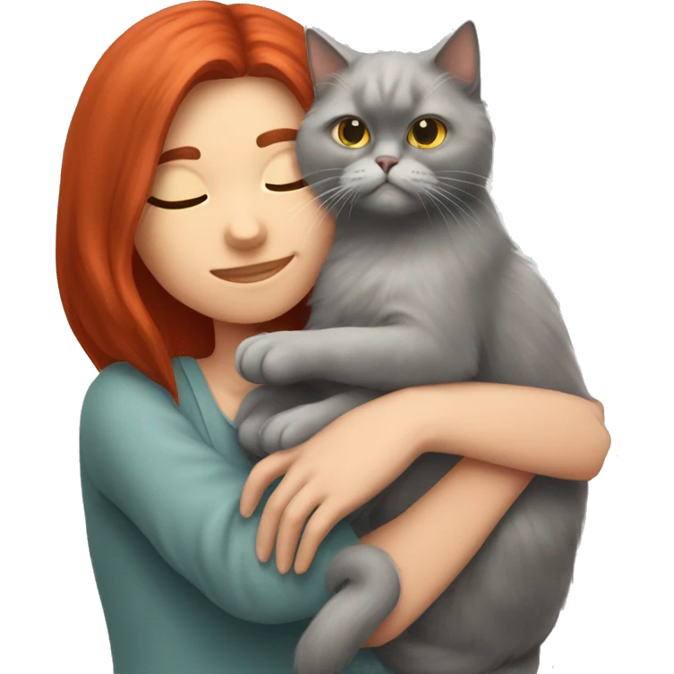 Red hair girl snuggling grey Persian cat emoji