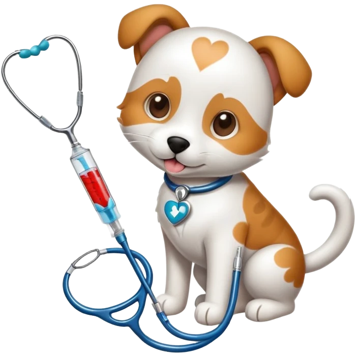 An icon featuring a stethoscope, a paw print, and a veterinary syringe, symbolizing veterinary medicine. The design includes a dog, a cat, and a heart, representing animal care, treatment, and health. Transparent background highlights the science of veterinary practice and animal welfare. emoji