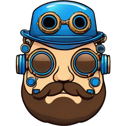 Fat cyborg head with blue steampunk goggles, brown beard and circuits emoji