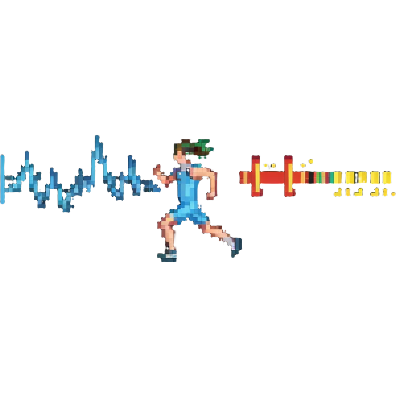 Pixelated athlete running with oxygen level indicator above head, fitness measurement emoji