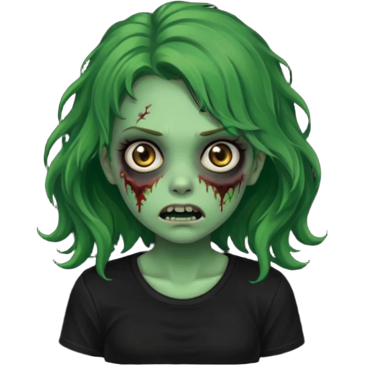 crie um emoji de uma garota zoombie pele verde e cabelo castanho, assustadora e fofa com cabelo ondulado 2b e camiseta básica preta emoji