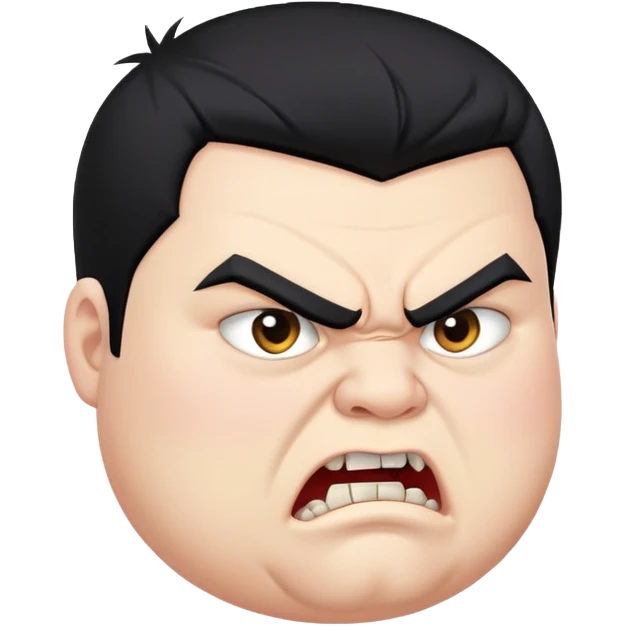 chubby young angry man in profile view with black hair, sharp fangs, crossed eyes emoji