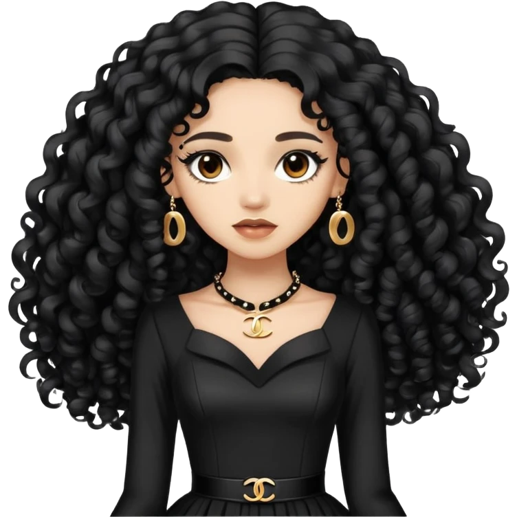 light skin girl with very long black curly hair, brown eyes, wearing a black Chanel dress emoji