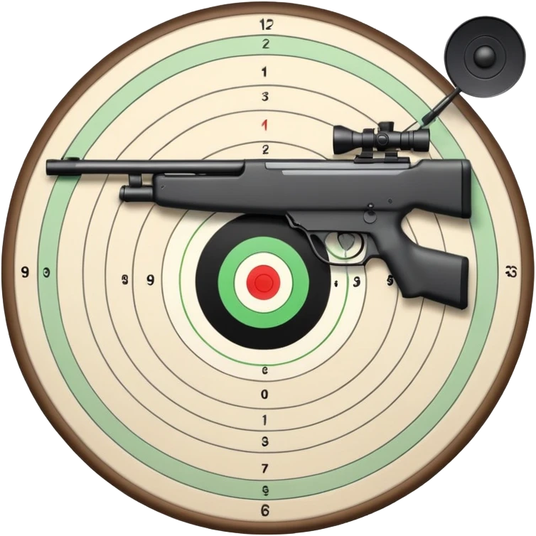 A detailed image of a rifle aimed at a target, with the target's concentric rings clearly visible. The focus is on the precision and accuracy of the sport, with the rifle positioned in front of a neutral background, emphasizing the equipment and the competitive nature of shooting. emoji