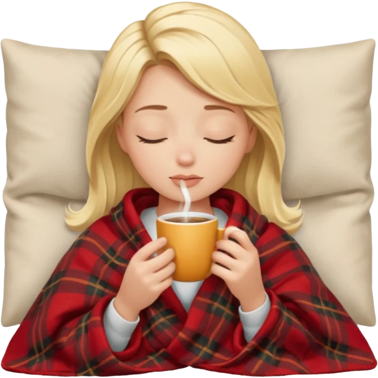 Blonde girl inside a blanket sipping coffee eyes closed emoji