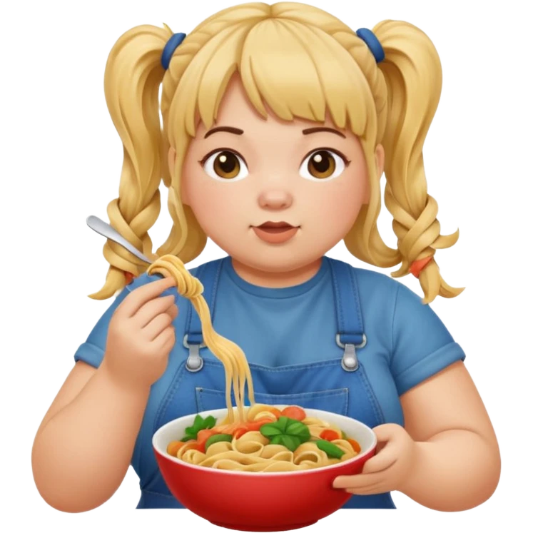 Fat girl with pigtails and bangs in overalls, eating pasta noodles emoji
