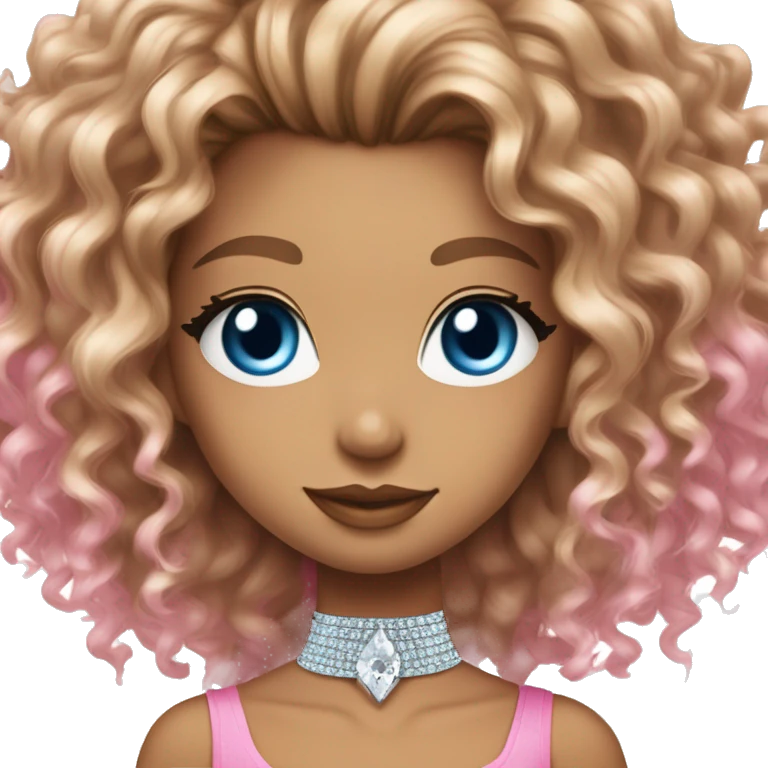 Girl with long curly hair, blue eyes with cateye eyeliner, bronde highlights, parted in the middle, wearing diamond choker, pink sparkly tube top, winking emoji