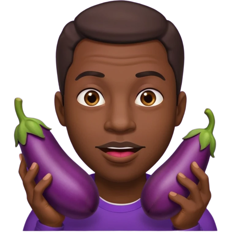 Black man biting his lip, while holding an eggplant infront of him emoji