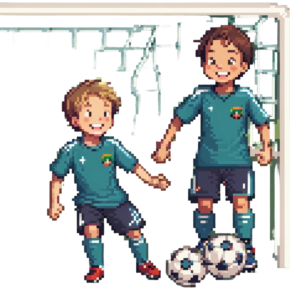 cute 6-year-old boy and 9-year-old boy playing fun soccer together, laughing and enjoying the game, pixel art style emoji