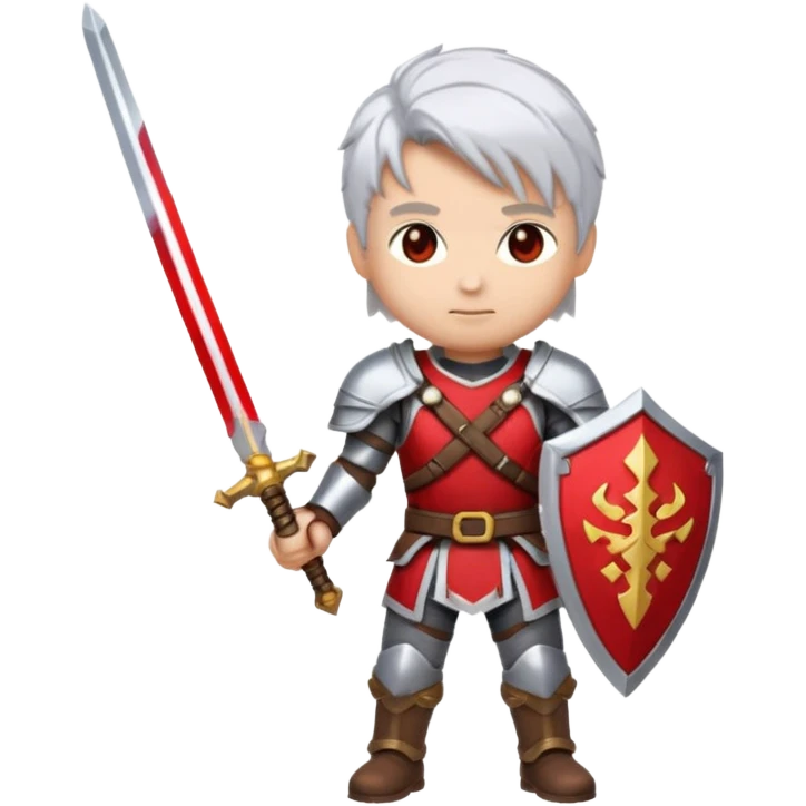 32x32 pixel art emoji, a white-haired boy holding dual swords, inspired by, heroic pose, silver-white hair, glowing red and silver swords, metallic armor details, vibrant colors, transparent background, high contrast, video game icon style. emoji