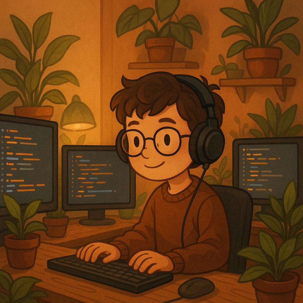 a young coder boy with headset, surrounded by monitors and plants, cozy workspace, warm and inviting environment emoji