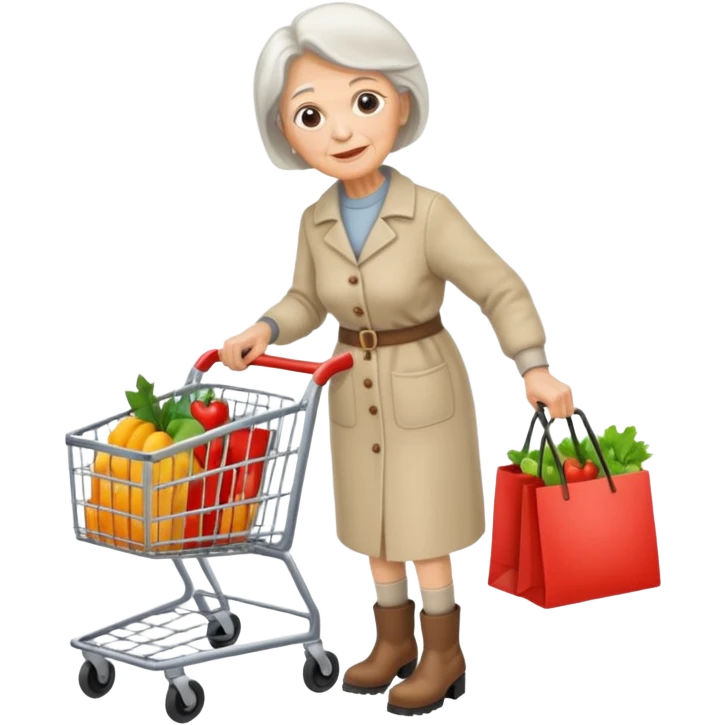 Una donna anziana  con gli stivaletti che va a fare la spesa emoji