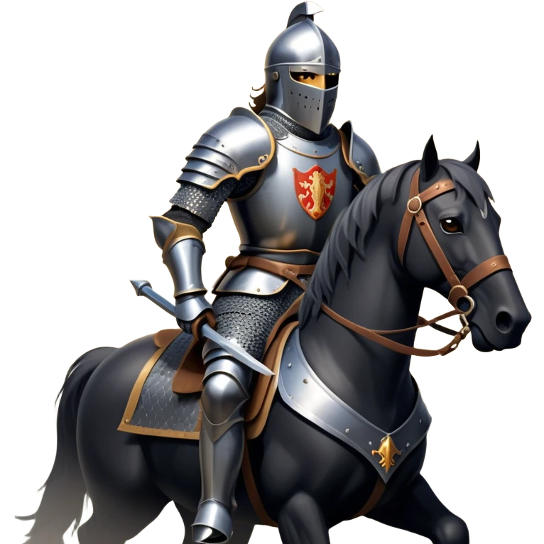 clash-of-clans-aesthetic_-cinematic-fearsome-and-majestic-knight-bust-portrait-emoji, rendered in a flat, vector-style with minimal shading and bold, simplified shapes, depicting a battle-ready medieval knight with steely eyes and intricate armor, riding on a black warhorse looking regal reflecting sunlight over a misty battlefield. emoji