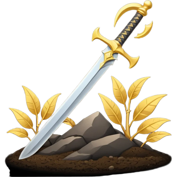 Minimalist emoji of a single upright sword planted into the ground with a glowing crescent rising behind it, representing inner discipline, Islamic strength, and the start of a new chapter. Flat icon style, transparent background emoji
