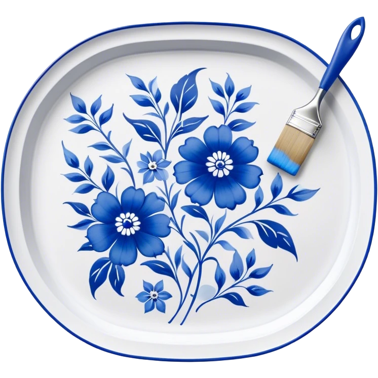 Gzhel-style metal painting icon, hand-painted Gzhel-style metal tray with intricate blue and white floral patterns, visible paintbrush and paint pots, metal surface in the process of being painted, no finished artwork, just the painting process, minimalistic style, clean lines, transparent background. emoji