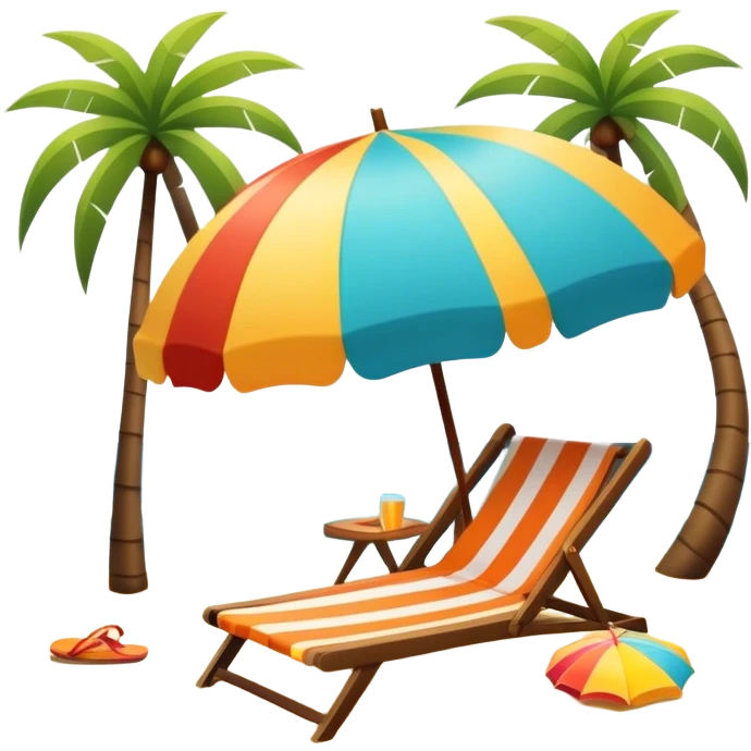 Vibrant Icon for Beach Tourism: a sunny beach with the sea, a lounge chair, a sun umbrella, and flip-flops. The icon should capture the essence of a relaxing beach vacation with a carefree atmosphere. Transparent background. emoji
