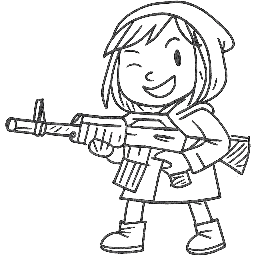 playful stalker girl with a comically large machine gun emoji