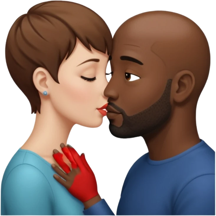 a white woman with short brown hair and a black man with no hair and a beard are facing one each other and the woman is giving a kiss to the man's forehead emoji