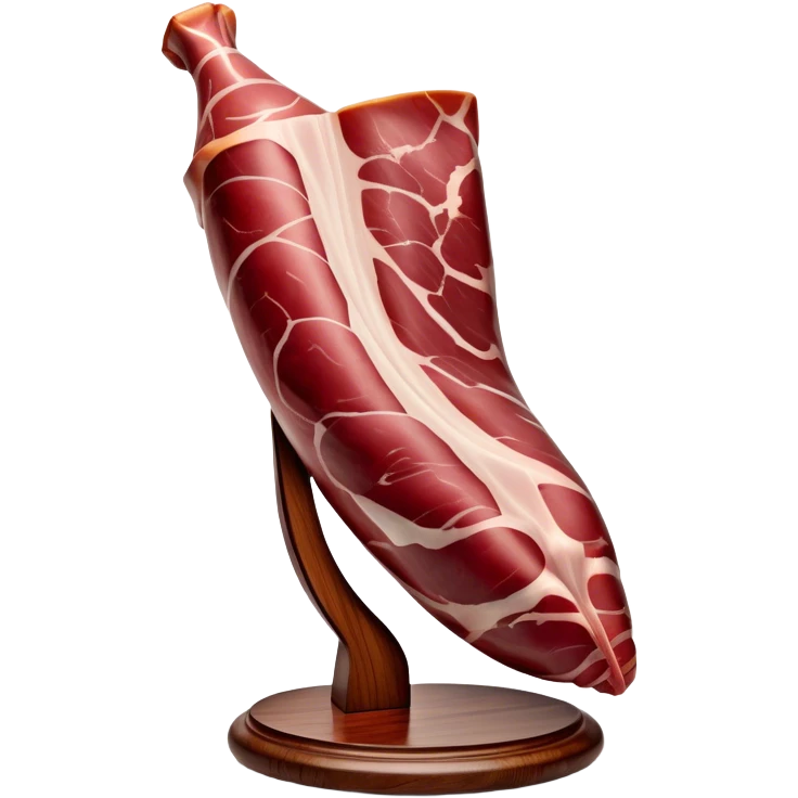 ​Cinematic Realistic Spanish Jamón Leg, depicted as a massive, cured leg of Jamón serrano with a deep reddish-brown hue, intricately marbled and slightly glossy with age, elegantly displayed on a rustic wooden stand and bathed in warm, soft lighting that accentuates its artisanal heritage, emoji