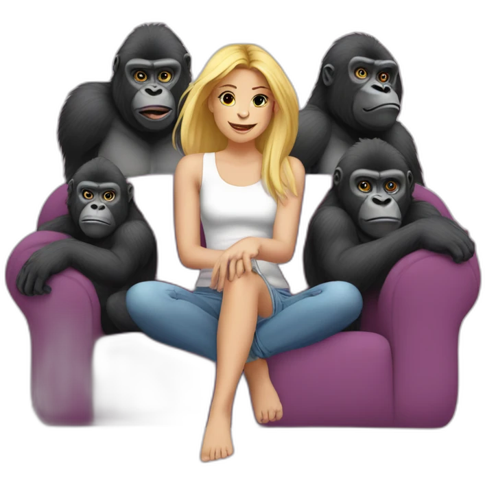 5 gorillas surrounding one blonde girl on a couch emoji