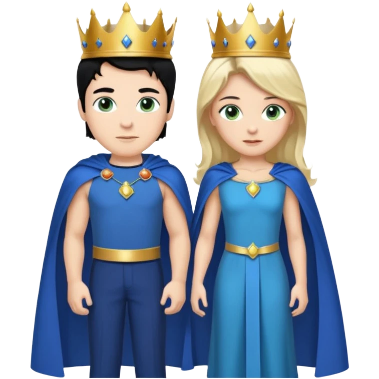 Prince with crown, blue cape and trousers, body and legs, black hair, blue eyes, woman blonde hair, green eyes, sexy white short sleveless dress,  emoji