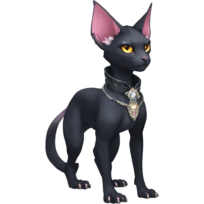 cool punk kawaii anime edgy distinguished pretty elegant beautiful fantasy black ethereal nargacuga-Noivern-sphynx-Quiana-Fakemon collar harness jewels full body emoji
