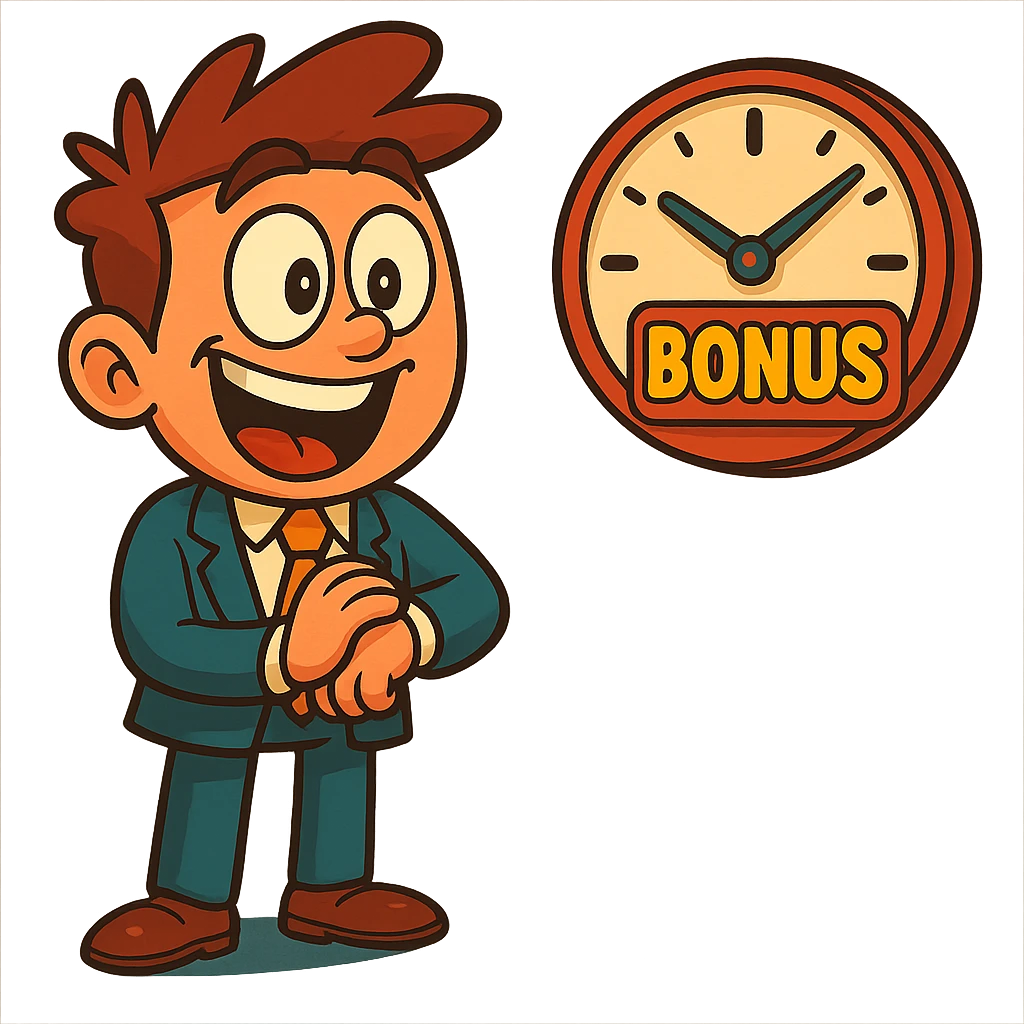 Make the cartoon character look very excited and thrilled while looking at the clock, with wide eyes and a huge grin. Keep the style consistent with the original and maintain a transparent background. emoji