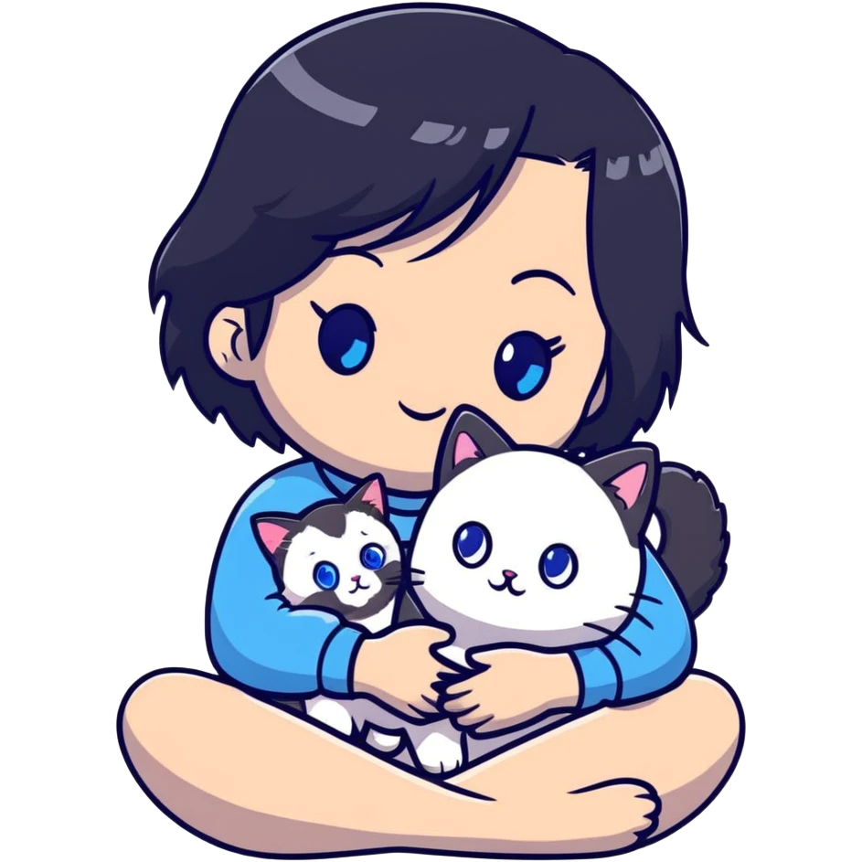 Cute Asian girl with black hair cradling a fluffy ragdoll cat with blue eyes emoji