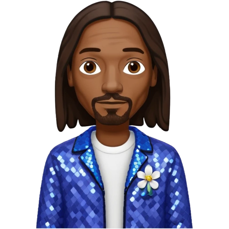 Snoop Dogg with long dark brown hair, periwinkle sequin outfit emoji