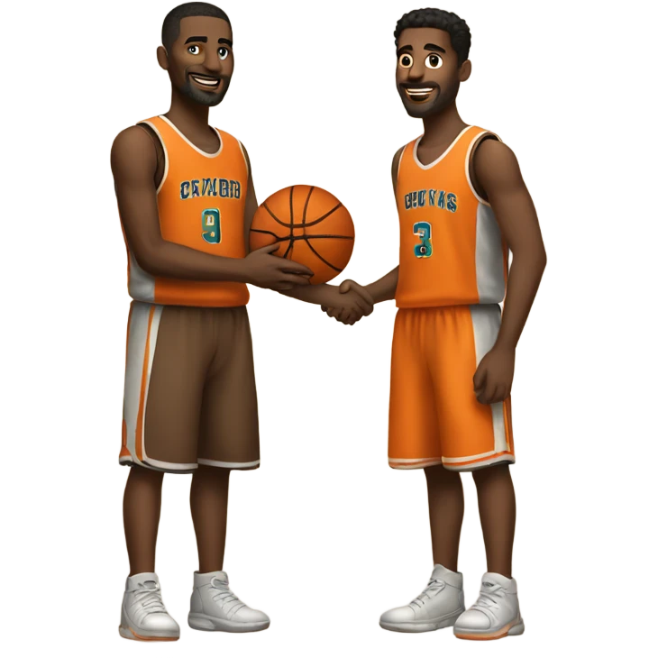 Two guys shaking hands with basketball clothes both with brown hai emoji
