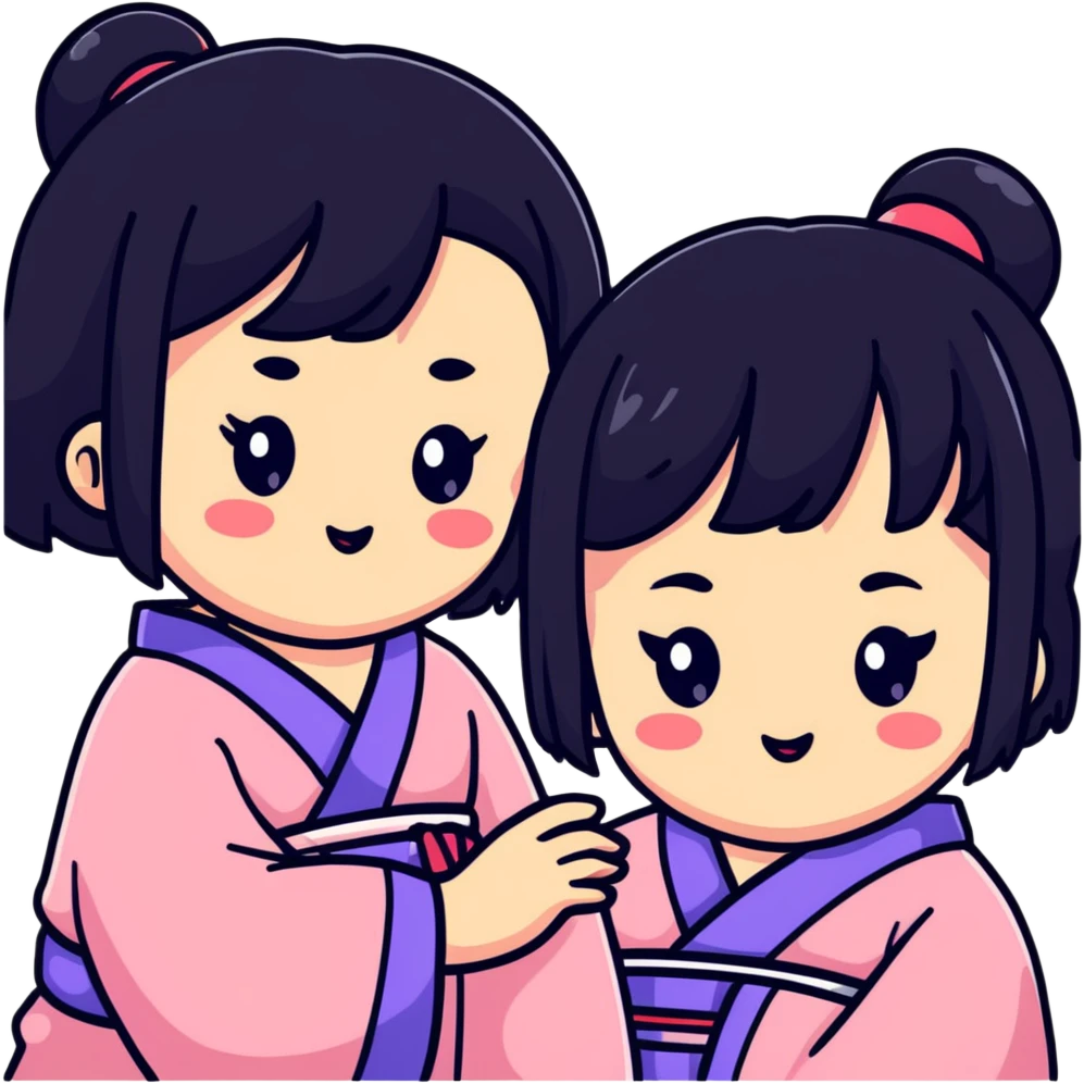 Two adorable Japanese girls with black hair and Asian features, their cheeks touching, kawaii style emoji
