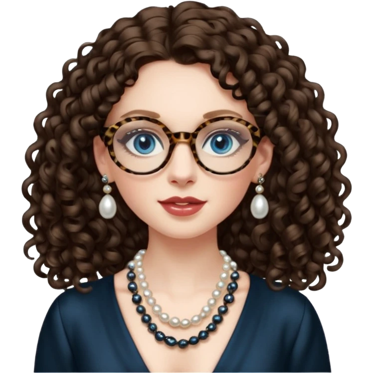 a blue eyed woman with very long brunette curly hair, full lips,and really pale skin. She is wearing a leopard printed thin round-ish glasses . She is wearing fully plain silky black dress. She is wearing pearl necklase and pearl earrings. saying hello emoji
