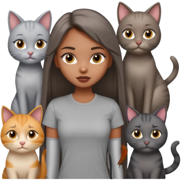 a pretty bratz dusky girl with long straight hair with four cats nd wearing a grey tshirt emoji