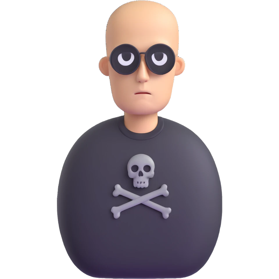 man with oval-shaped flat-top head wearing a black shirt with a gray skull on the front emoji