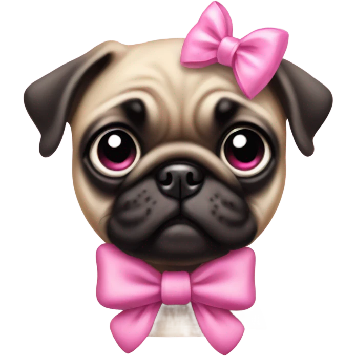 Baby pug with big pink
eyes wearing a pink bow on her head sitting in daisy's  emoji