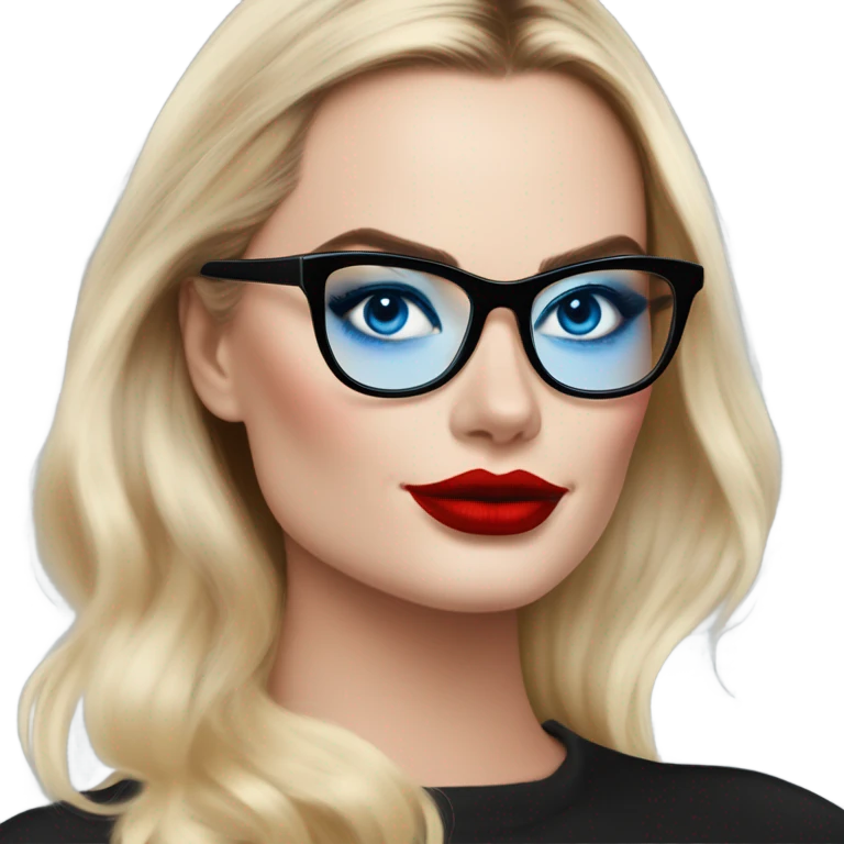 Real Margot Robbie, bright blue eyes and winged eye liner, red kisses, wearing black glasses  emoji